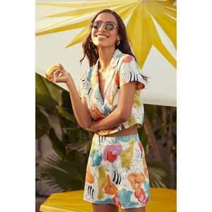Lulus Untamed Love White Multi Print Satin Button-up Short Sleeve Top - Size XS